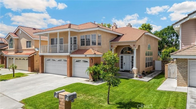 4350 Bennington Ct, Chino, CA 91710 - view of front of house with a tiled roof, a chimney, stucco siding, an attached garage, and a front lawn