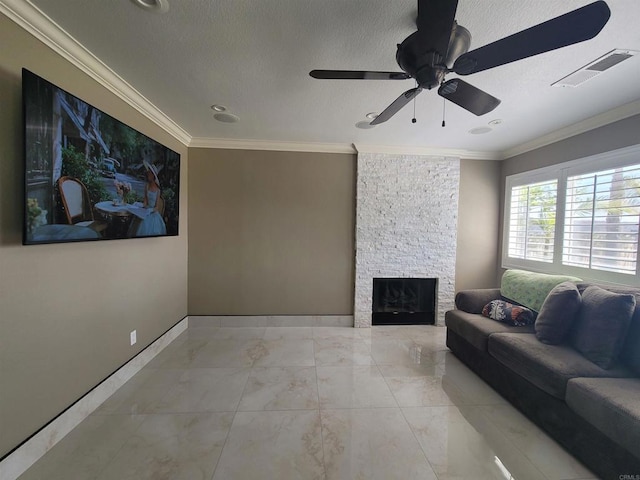 475 Marsh Harbor Dr, San Diego, CA 92154 - living room with crown molding, light marble finish floors, a ceiling fan, a stone fireplace, and recessed lighting