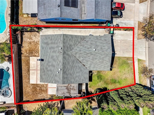 1407 Opal St, Corona, CA 92882 - aerial overview of property's location featuring property parcel outlined and a pool area