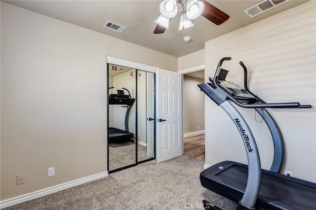 7434 Paisley Ave, Hesperia, CA 92345 - exercise area with a ceiling fan and carpet flooring