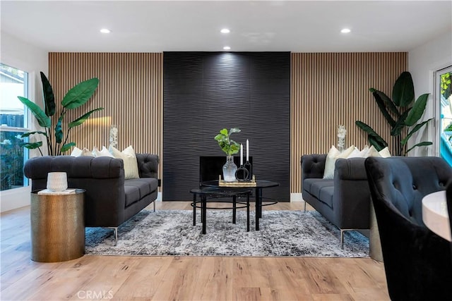 1061 Colby Cir, Thousand Oaks, CA 91362 - living area featuring an accent wall, recessed lighting, plenty of natural light, and light wood finished floors