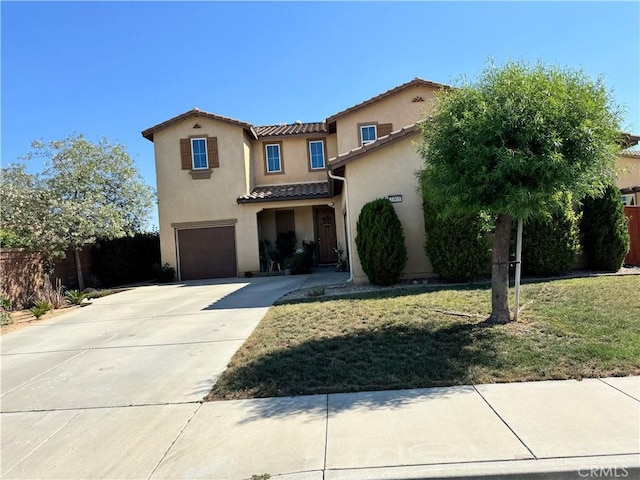 1465 Ardith Ct, Beaumont, CA 92223 - mediterranean / spanish-style home featuring a tile roof, a garage, stucco siding, and concrete driveway