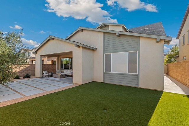 4835 S Cora Way, Ontario, CA 91762 - rear view of property featuring an outdoor hangout area, a patio area, a fenced backyard, stucco siding, and roof with shingles