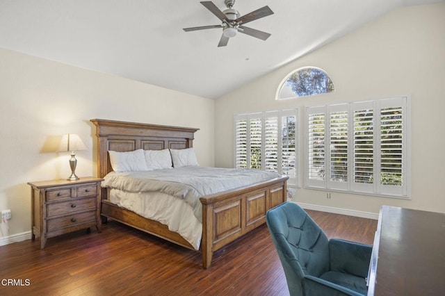 7748 Paso Robles St, Ventura, CA 93004 - bedroom with dark wood-style floors, high vaulted ceiling, and a ceiling fan