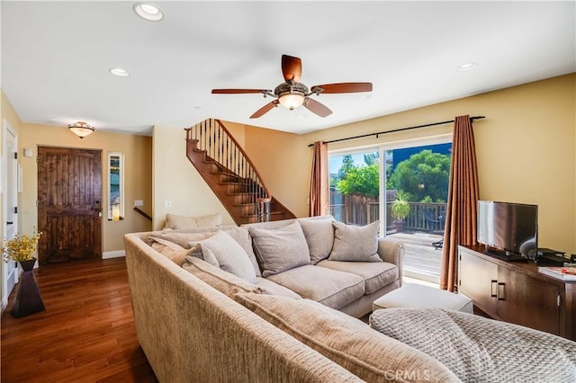 21460 Arapahoe Trl, Chatsworth, CA 91311 - living room with a ceiling fan, dark wood-style floors, recessed lighting, and stairs