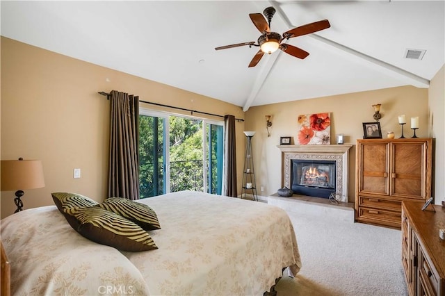 21460 Arapahoe Trl, Chatsworth, CA 91311 - bedroom with carpet, a tile fireplace, and ceiling fan