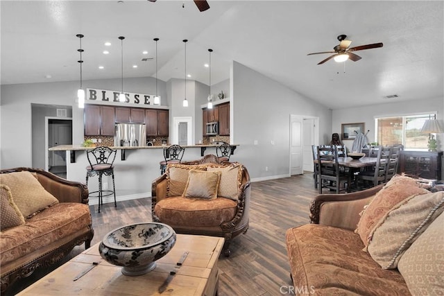 9512 Mesquite St, Phelan, CA 92371 - living area featuring a ceiling fan, high vaulted ceiling, dark wood finished floors, and recessed lighting