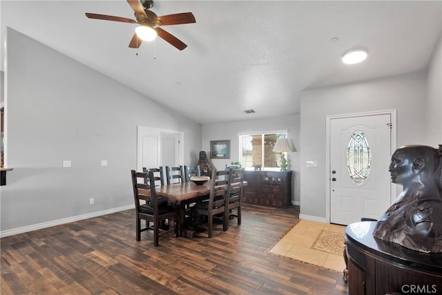 9512 Mesquite St, Phelan, CA 92371 - dining room featuring wood finished floors, a ceiling fan, and vaulted ceiling