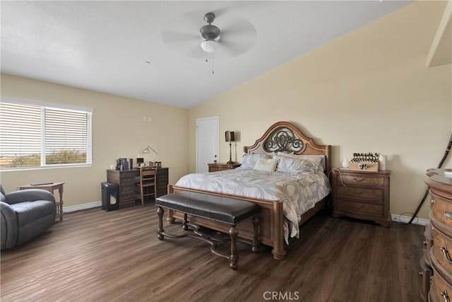 9512 Mesquite St, Phelan, CA 92371 - bedroom featuring vaulted ceiling, dark wood-style flooring, and a ceiling fan