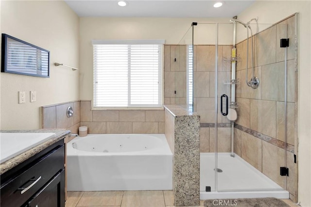 9512 Mesquite St, Phelan, CA 92371 - bathroom featuring a whirlpool tub, a stall shower, vanity, tile patterned flooring, and recessed lighting