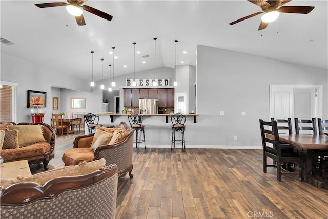 9512 Mesquite St, Phelan, CA 92371 - living area with ceiling fan, dark wood-style flooring, high vaulted ceiling, and recessed lighting