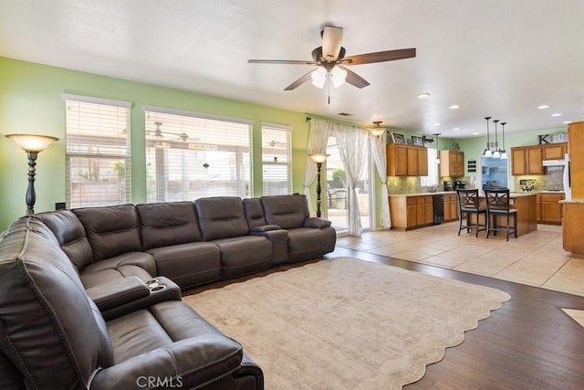 27597 Lafayette Way, Moreno Valley, CA 92555 - living area featuring a ceiling fan, recessed lighting, and light wood-style floors