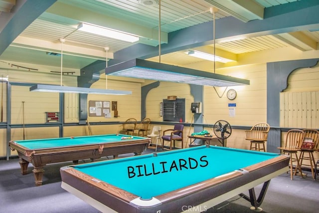 3130 Via Serena N Unit B, Laguna Woods, CA 92637 - recreation room with billiards, carpet, and beamed ceiling