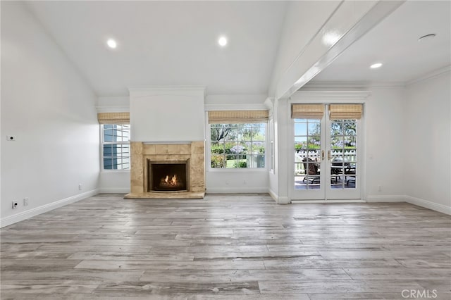 2720 Hilltop Dr Unit 58, Newport Beach, CA 92660 - unfurnished living room featuring a fireplace, wood finished floors, recessed lighting, and lofted ceiling