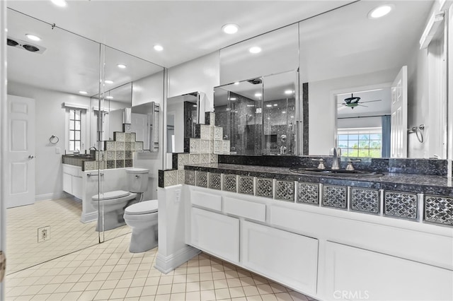 2720 Hilltop Dr Unit 58, Newport Beach, CA 92660 - full bathroom with a shower stall, vanity, a ceiling fan, tile patterned flooring, and recessed lighting