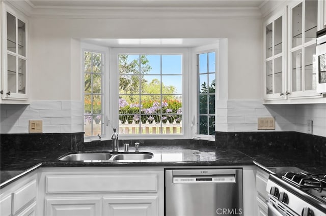 2720 Hilltop Dr Unit 58, Newport Beach, CA 92660 - kitchen featuring appliances with stainless steel finishes, crown molding, white cabinetry, decorative backsplash, and glass insert cabinets