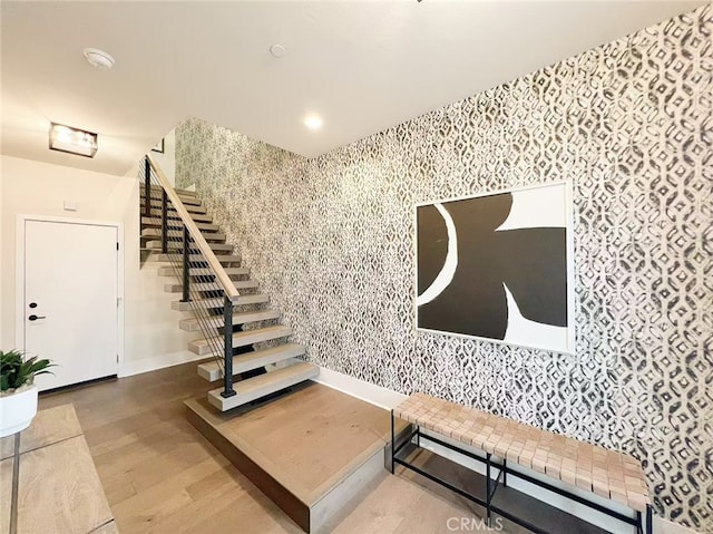 753 Site Dr, Brea, CA 92821 - stairs with wallpapered walls, an accent wall, and recessed lighting