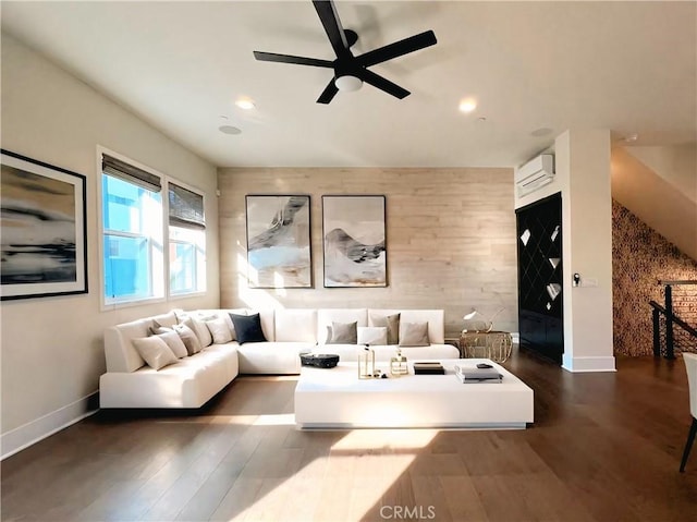 753 Site Dr, Brea, CA 92821 - living area featuring a wall mounted air conditioner, ceiling fan, an accent wall, dark wood-style floors, and recessed lighting