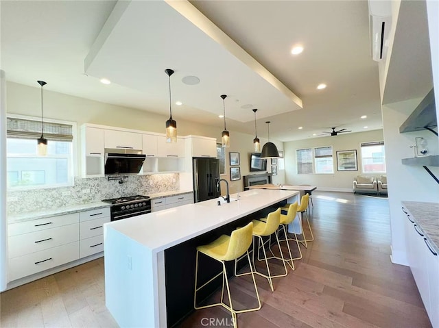 753 Site Dr, Brea, CA 92821 - kitchen featuring modern cabinets, white cabinets, black appliances, a ceiling fan, and recessed lighting