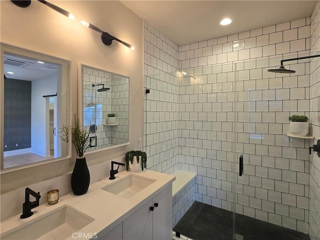 753 Site Dr, Brea, CA 92821 - bathroom with a stall shower, double vanity, and recessed lighting