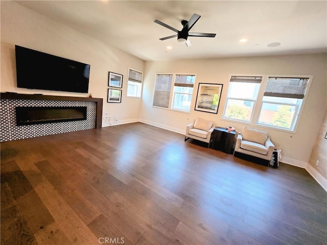 753 Site Dr, Brea, CA 92821 - unfurnished living room featuring dark wood-style floors, a tile fireplace, ceiling fan, and recessed lighting