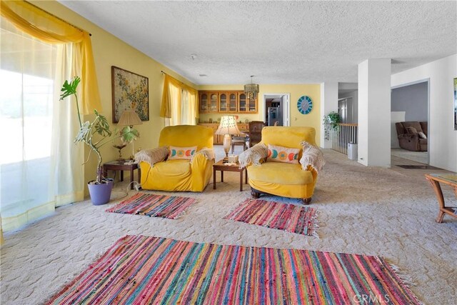 19428 Shasta Rd, Apple Valley, CA 92307 - carpeted living area featuring a textured ceiling
