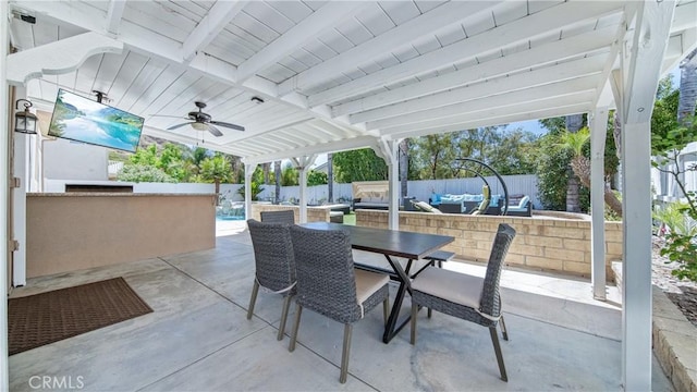 18223 Shannon Ridge Pl, Canyon Country, CA 91387 - fenced backyard with a patio, a ceiling fan, and outdoor dining area