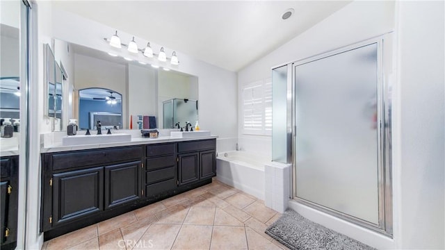 18223 Shannon Ridge Pl, Canyon Country, CA 91387 - full bathroom featuring double vanity, lofted ceiling, tile patterned flooring, a garden tub, and a stall shower