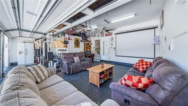18223 Shannon Ridge Pl, Canyon Country, CA 91387 - home theater featuring ceiling fan and a garage