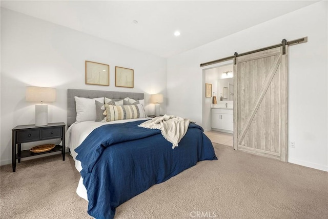 426 W Central Ave, Brea, CA 92821 - bedroom featuring a barn door, carpet flooring, ensuite bathroom, and recessed lighting