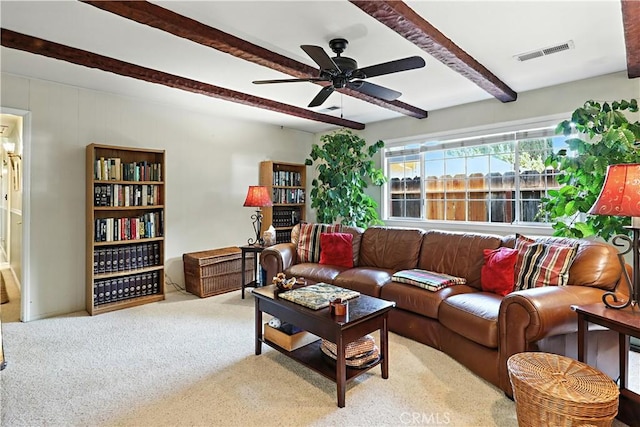 2997 June Ct, Merced, CA 95348 - carpeted living area featuring beamed ceiling and ceiling fan