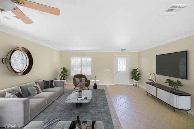 30526 Beryl Pl, Castaic, CA 91384 - living area with crown molding, a ceiling fan, and light tile patterned floors