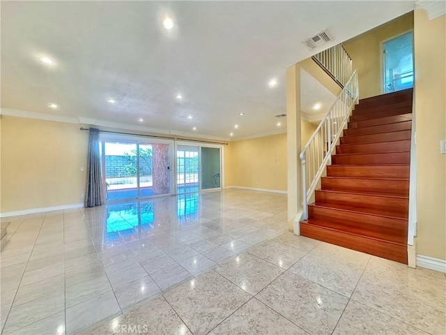 1602 Via Palermo, Montebello, CA 90640 - tiled empty room with stairway, recessed lighting, and crown molding