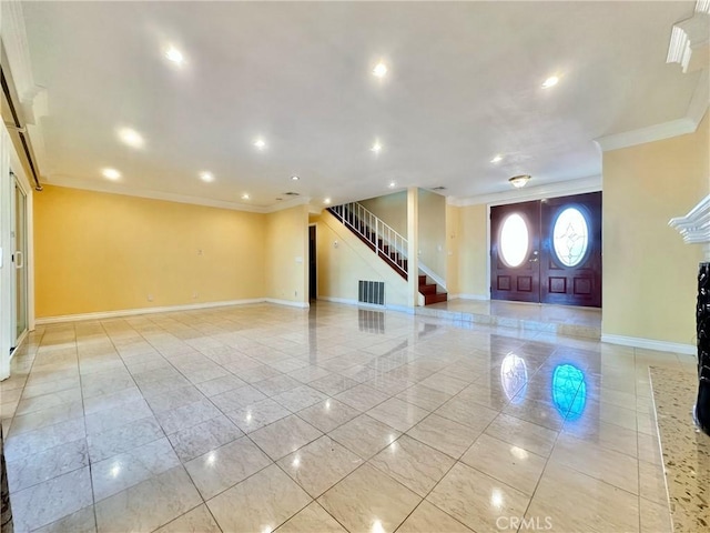 1602 Via Palermo, Montebello, CA 90640 - entryway featuring crown molding, stairs, recessed lighting, and light tile patterned flooring