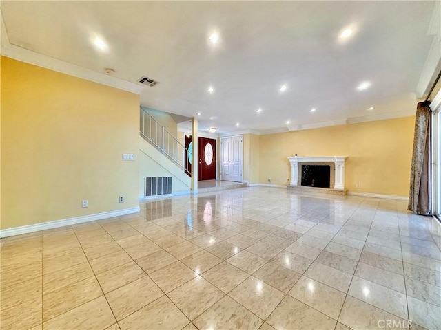 1602 Via Palermo, Montebello, CA 90640 - unfurnished living room featuring crown molding, stairs, recessed lighting, a fireplace with raised hearth, and light tile patterned floors