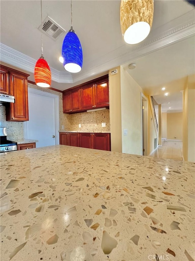 1602 Via Palermo, Montebello, CA 90640 - kitchen featuring stove, decorative backsplash, light stone countertops, pendant lighting, and crown molding