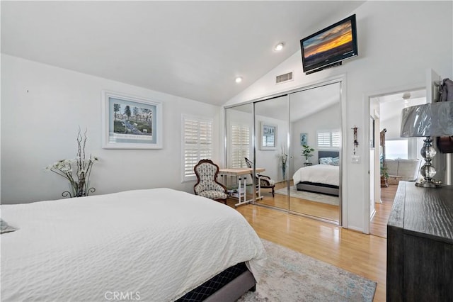 6536 Oceanview Dr Unit T, Carlsbad, CA 92011 - bedroom featuring lofted ceiling, light wood finished floors, a closet, and recessed lighting