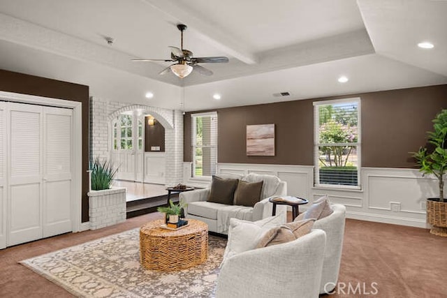 2915 Kennedy Ave Unit A & B, Chico, CA 95973 - carpeted living room with plenty of natural light, a ceiling fan, recessed lighting, a wainscoted wall, and a decorative wall