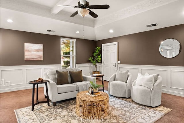 2915 Kennedy Ave Unit A & B, Chico, CA 95973 - living area with a decorative wall, ceiling fan, recessed lighting, carpet, and wainscoting
