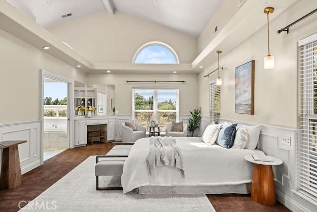 2915 Kennedy Ave Unit A & B, Chico, CA 95973 - bedroom featuring a wainscoted wall, beam ceiling, high vaulted ceiling, and a decorative wall