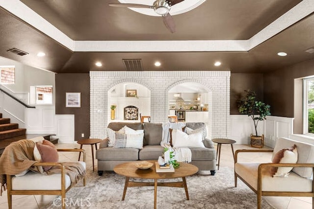 2915 Kennedy Ave Unit A & B, Chico, CA 95973 - living area featuring ceiling fan, recessed lighting, stairway, a decorative wall, and wainscoting