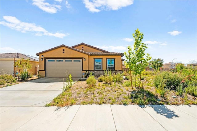 27108 Oncore Dr, Menifee, CA 92585 - mediterranean / spanish home featuring stucco siding, a garage, concrete driveway, and a tile roof