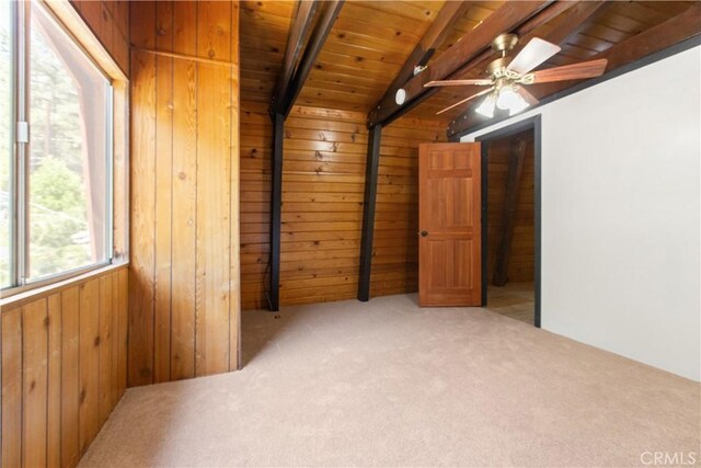 2068 Slippery Elm Rd, Wrightwood, CA 92397 - spare room with wooden walls, wood ceiling, carpet floors, and a ceiling fan