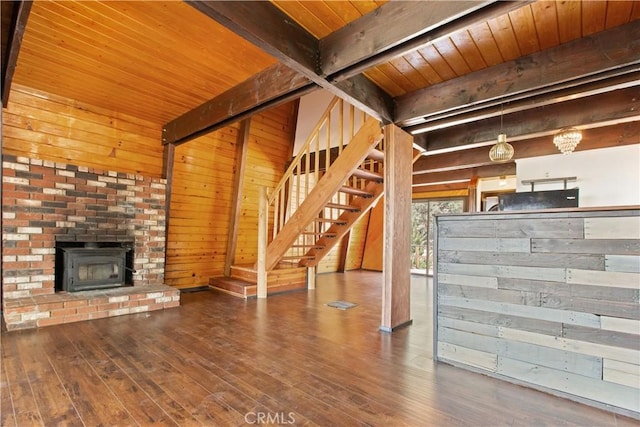 2068 Slippery Elm Rd, Wrightwood, CA 92397 - unfurnished living room featuring a wood ceiling with exposed beams, stairs, wood finished floors, and wooden walls