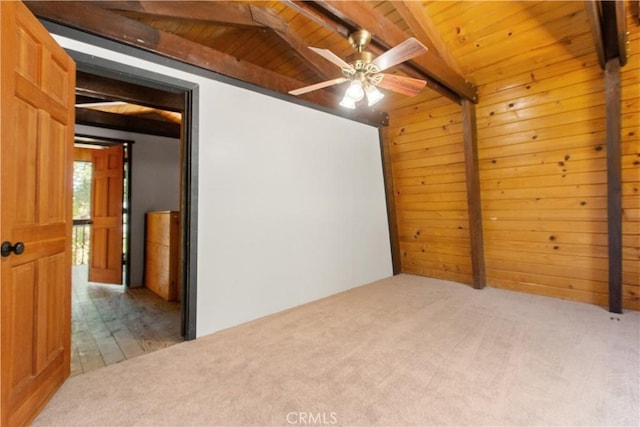 2068 Slippery Elm Rd, Wrightwood, CA 92397 - spare room featuring carpet, wood walls, wood ceiling, and a ceiling fan