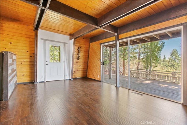 2068 Slippery Elm Rd, Wrightwood, CA 92397 - spare room with wooden walls, hardwood / wood-style floors, and a wood ceiling with exposed beams