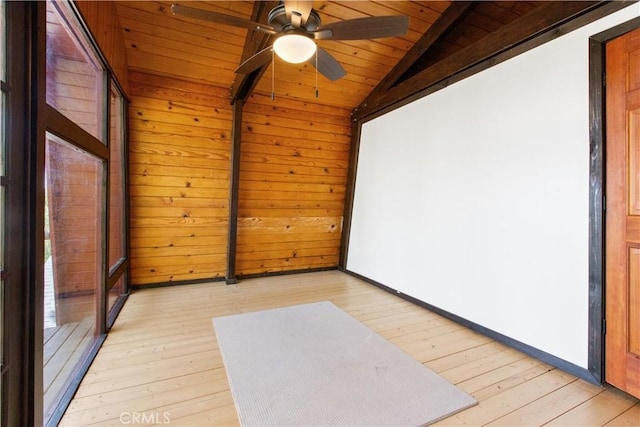 2068 Slippery Elm Rd, Wrightwood, CA 92397 - empty room with wood ceiling, light wood-style flooring, ceiling fan, and wood walls