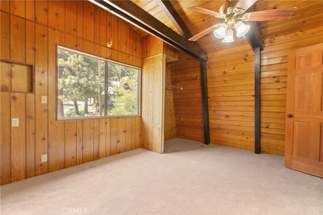 2068 Slippery Elm Rd, Wrightwood, CA 92397 - carpeted spare room with wood walls, plenty of natural light, wooden ceiling, and a ceiling fan