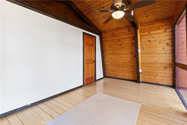 2068 Slippery Elm Rd, Wrightwood, CA 92397 - unfurnished room featuring a ceiling fan, light wood-type flooring, wooden ceiling, and wooden walls
