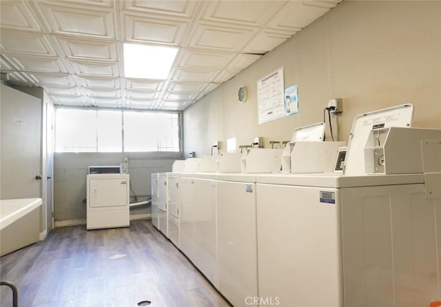 570 W Stocker St Unit 202, Glendale, CA 91202 - community laundry with washer and clothes dryer, light wood-style flooring, and an ornate ceiling